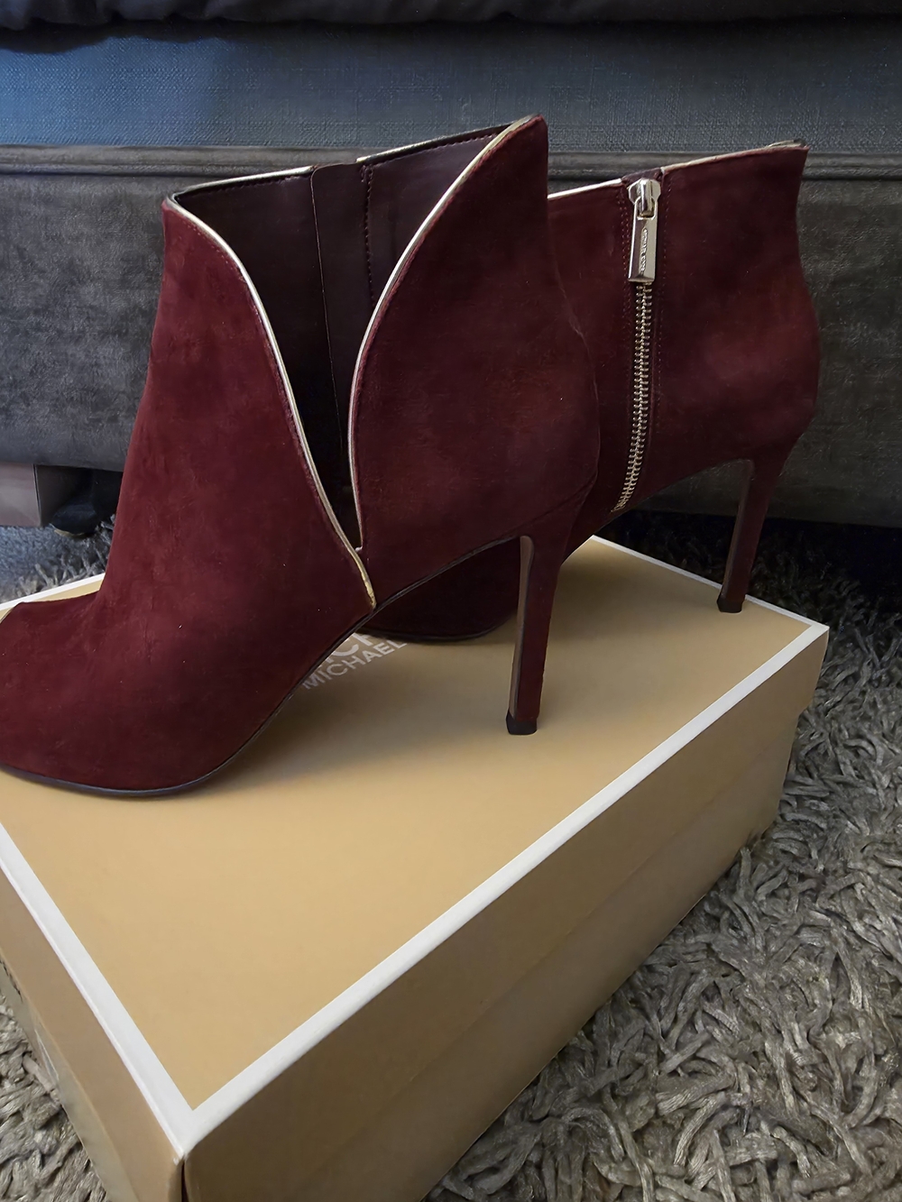Michael Kors Burgundy Suede Peep-Toe Ankle Booties with Metallic Trim - Picture 2 of 4